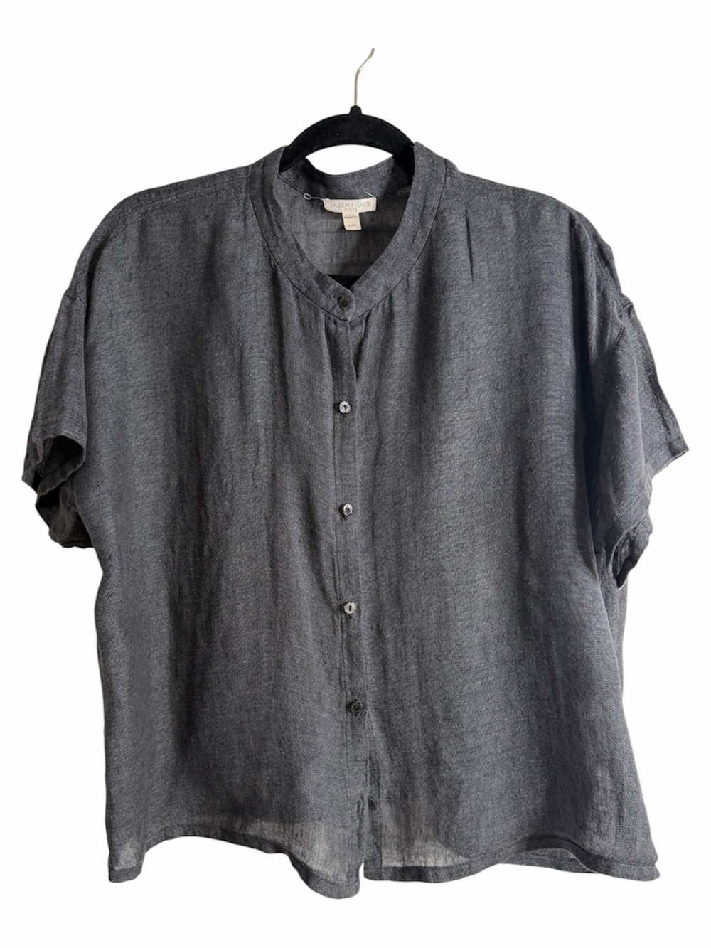 Eileen Fisher Charcoal Linen Button‑Up Top Relaxed Minimalist Old Money Coastal